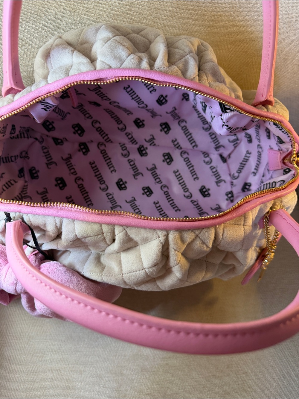 Juicy Couture Pink & Cream Quilted Satchel with Bow Accent - Picture 14 of 16
